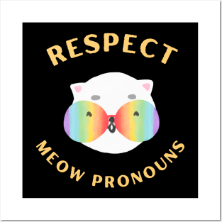 Respect meow pronouns, funny cat face with rainbow glasses Posters and Art